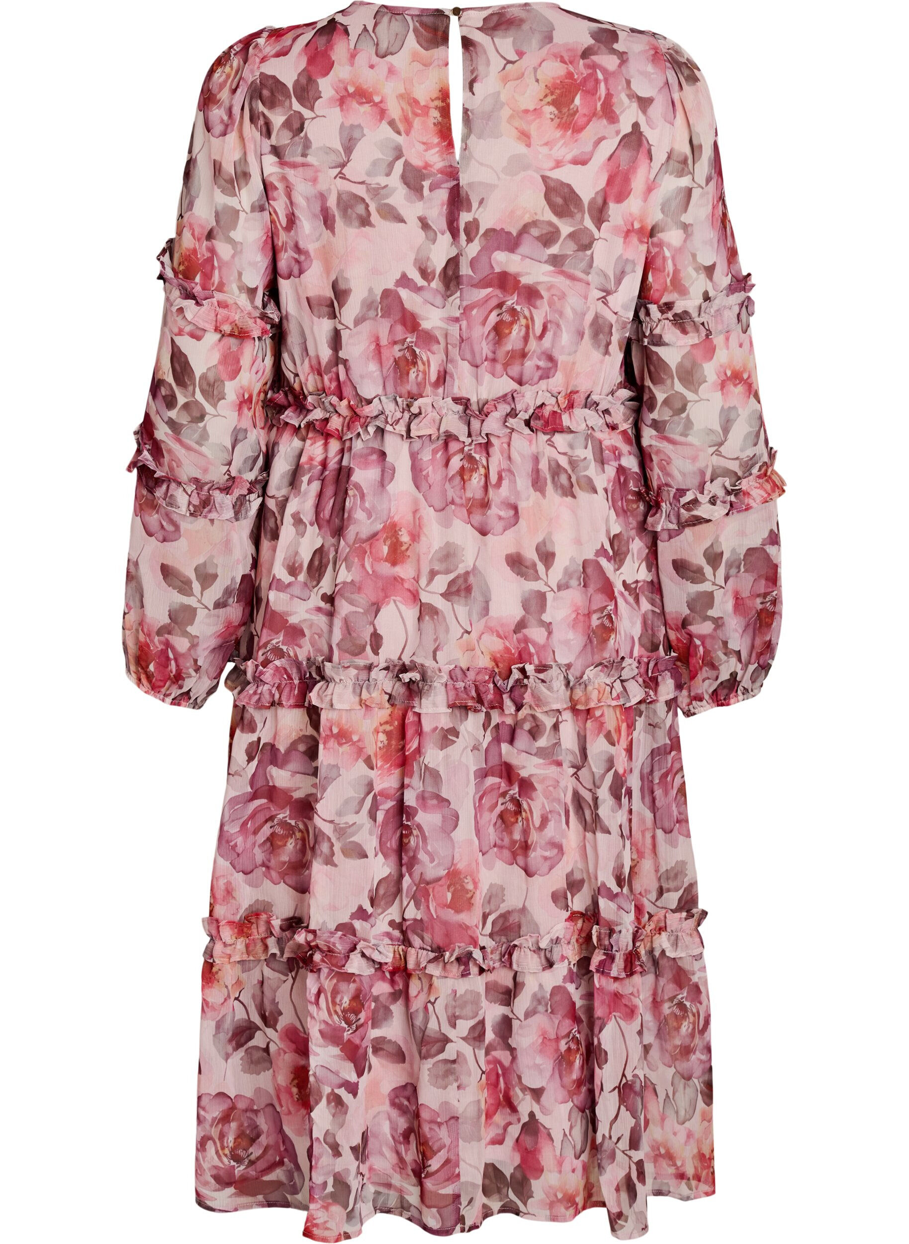 Zizzifashion Floral midi dress with ruffle details and sheer sleeves, Rose, Packshot image number 1