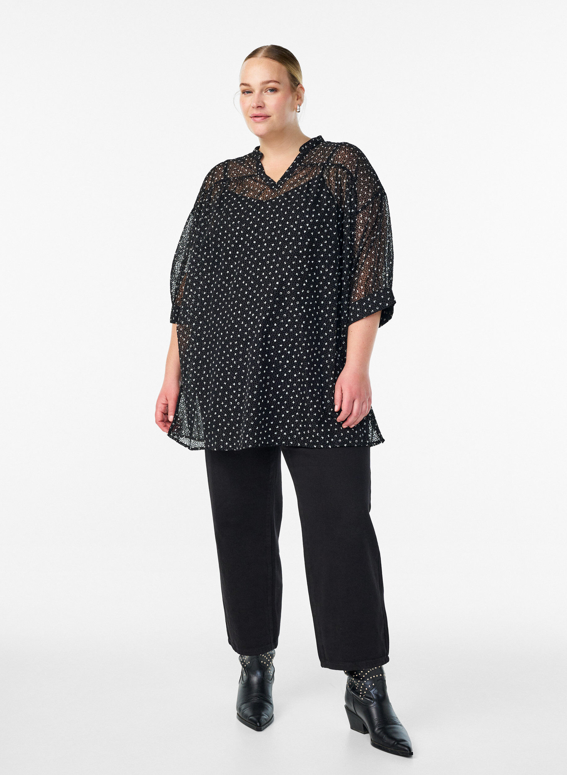 Zizzifashion Chiffon tunic with velvet dot pattern, Black, Model image number 1