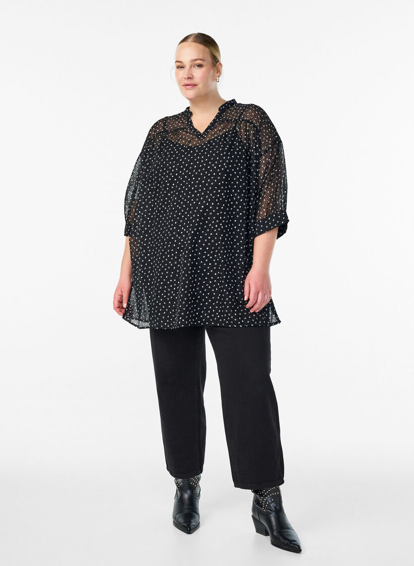 Chiffon tunic with velvet dot pattern, Black, Model image number 1