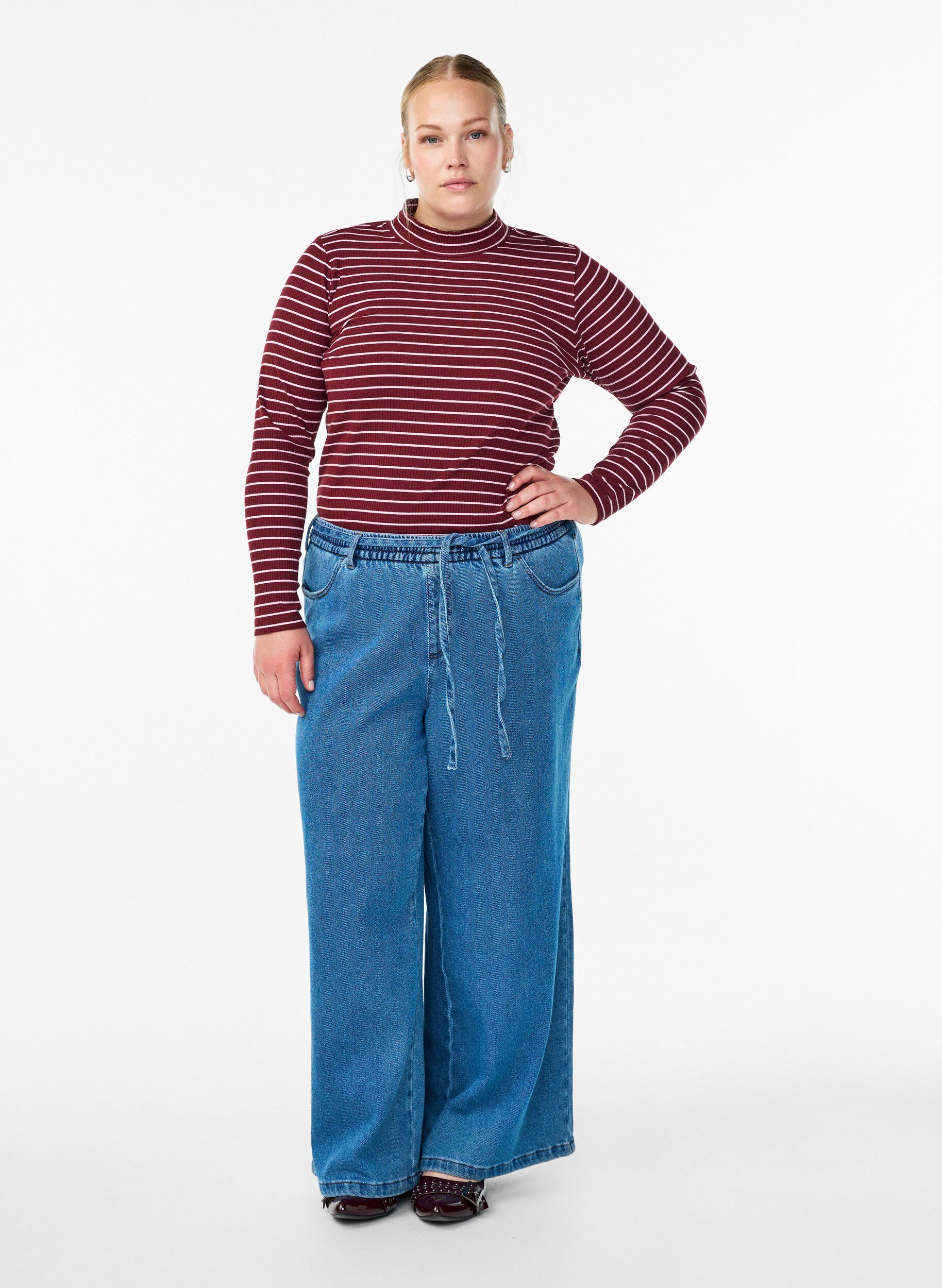 Zizzifashion Striped ribbed jersey blouse with a high neck, Dark Bordeaux, Model image number 1
