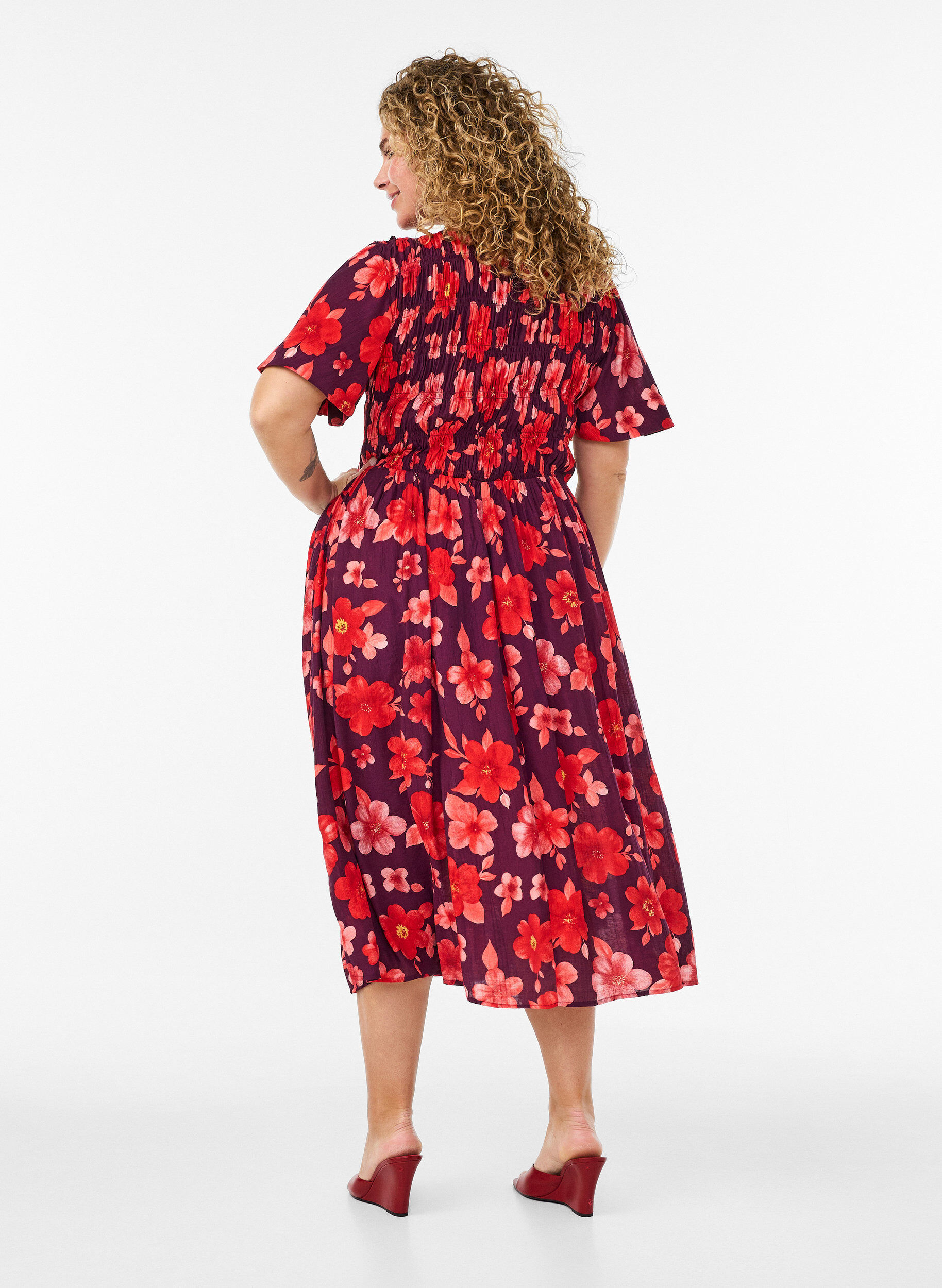 ZizzifashionDress with smocking and floral print, Purple, Model image number 1