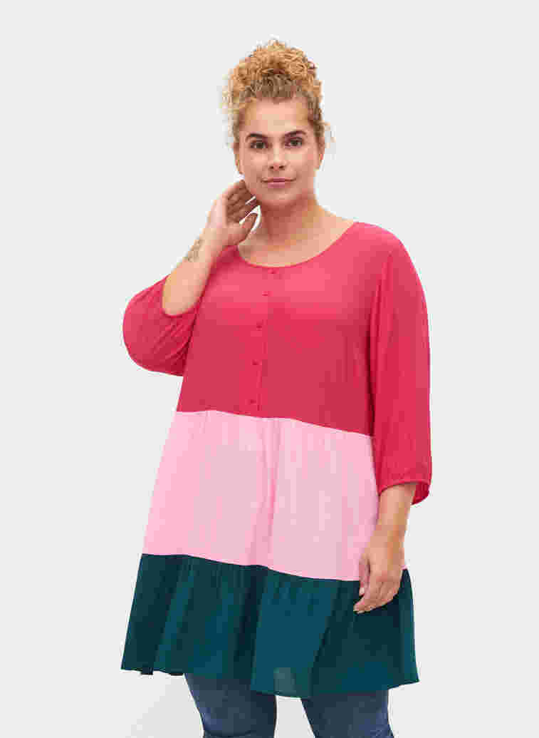 Viscose tunic with colour-block, Rose Green Block, Model image number 0