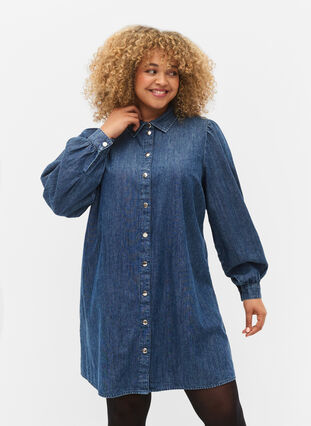 Denim shirt dress in cotton, Dark blue denim, Model image number 0