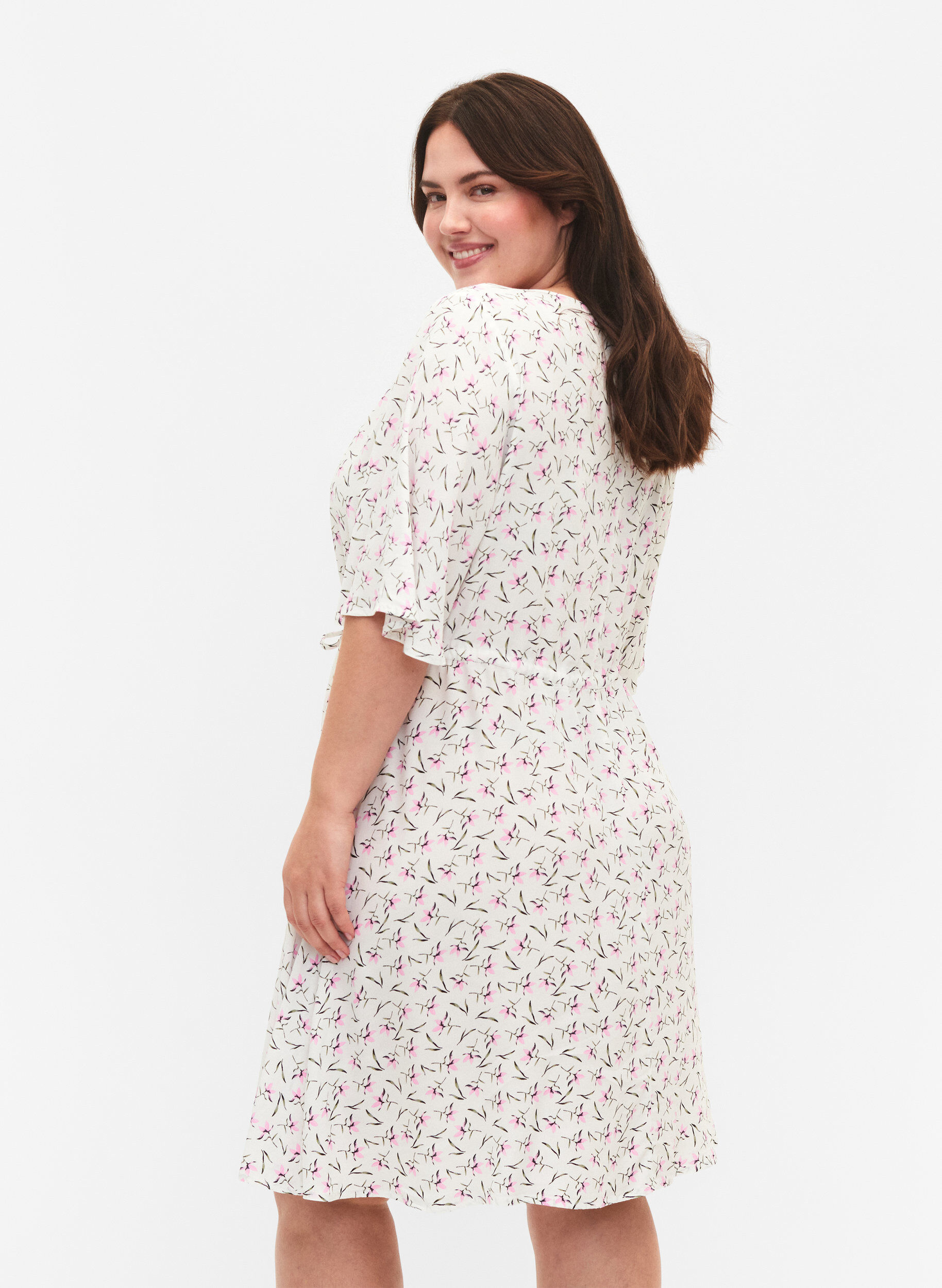 Zizzifashion Dress with 1/2 sleeves and floral print in viscose, White Purple Flower, Model image number 1