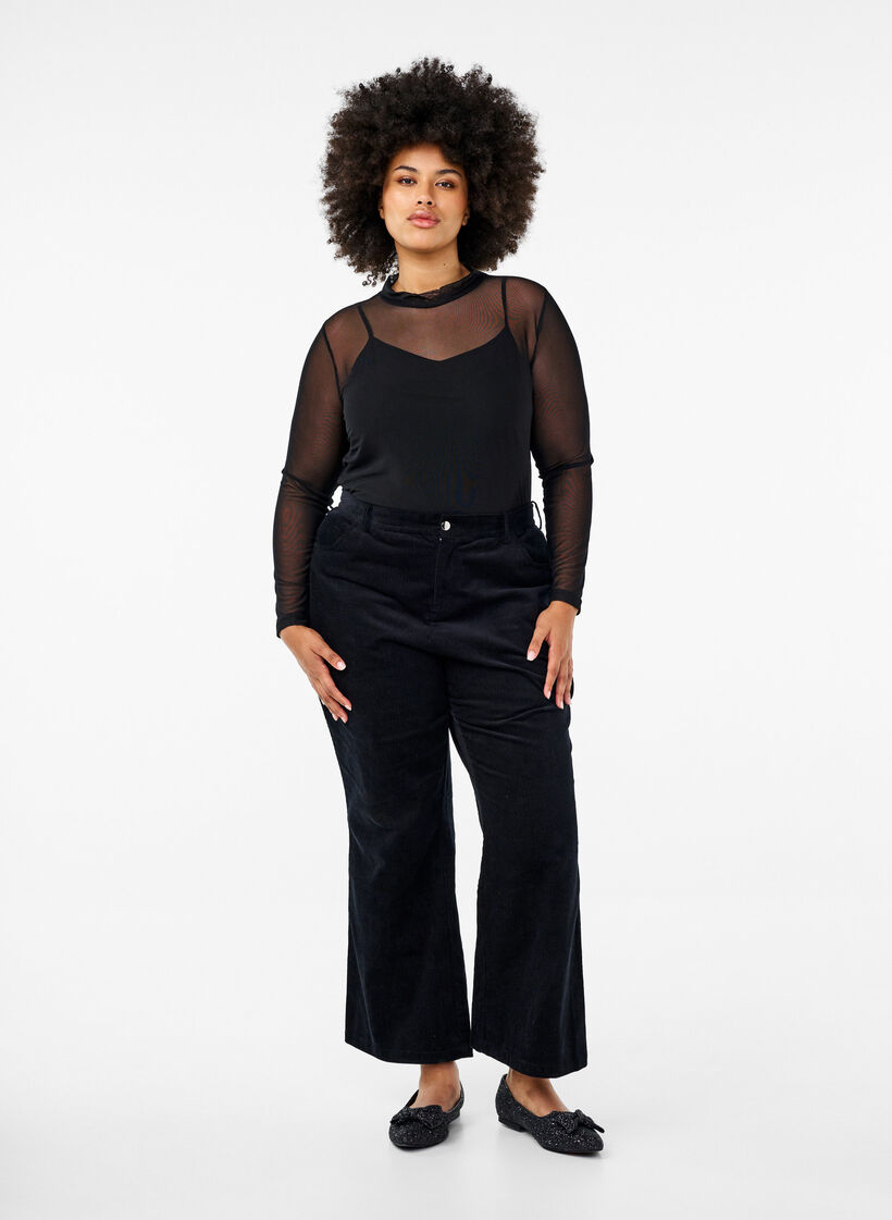 Fitted mesh blouse with long sleeves, Black, Model