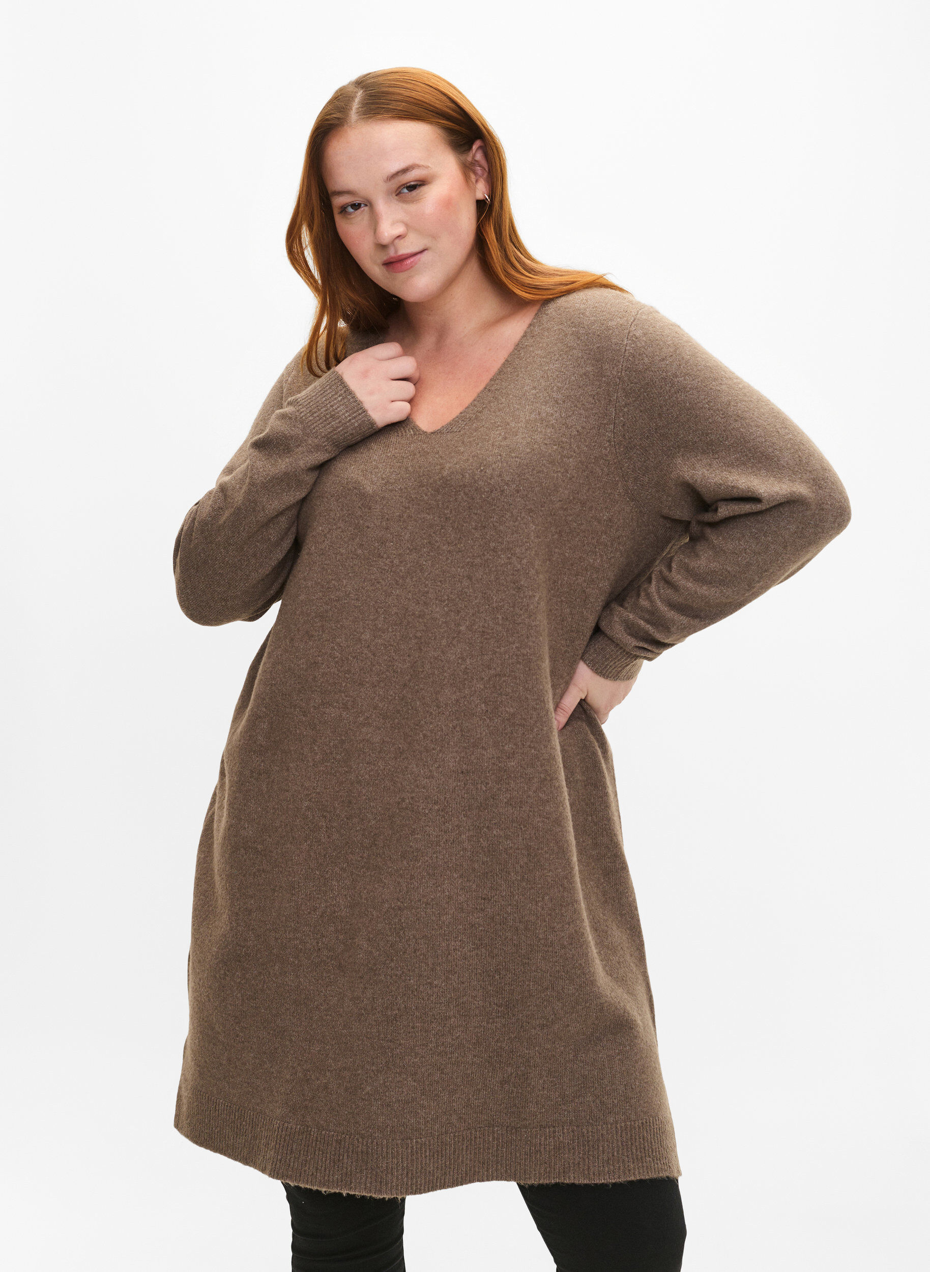 Zizzifashion Knitted dress with slit, Walnut/White, Model image number 0