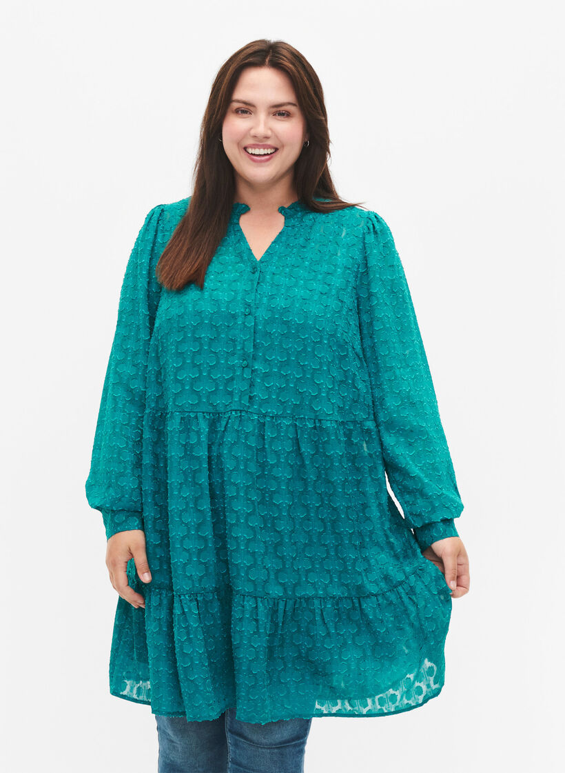 Jacquard dress with ruffle collar, Deep Lake, Model image number 0