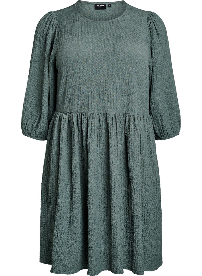 FLASH - Short dress with texture and 3/4 sleeves, Green, Packshot image number 0