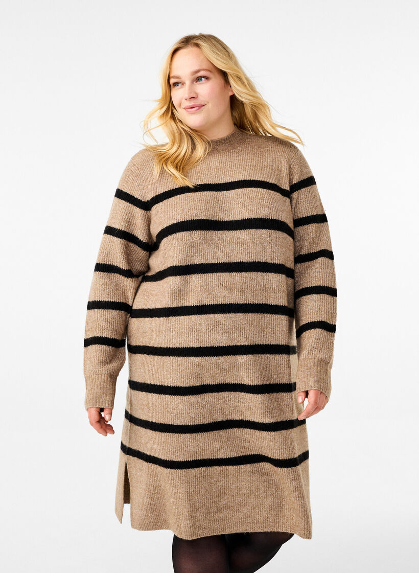 Long-sleeved knitted dress with stripes, Desert Taupe Comb, Model image number 0