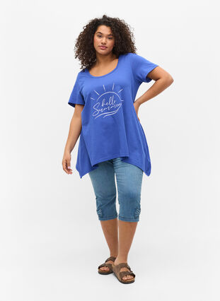 Short-sleeved cotton t-shirt with a-line, Dazzling Blue HELLO , Model image number 2