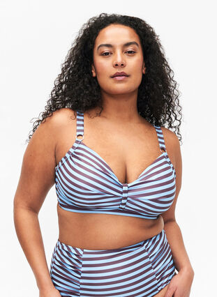 Underwired bikini bra with print, BlueBrown Stripe AOP, Model image number 0