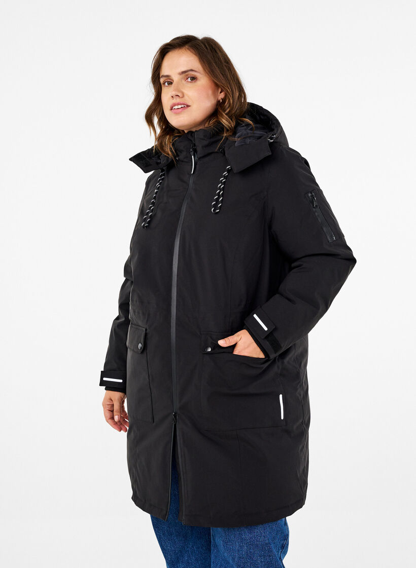Practical winter jacket with hood and pockets, Black, Model image number 0