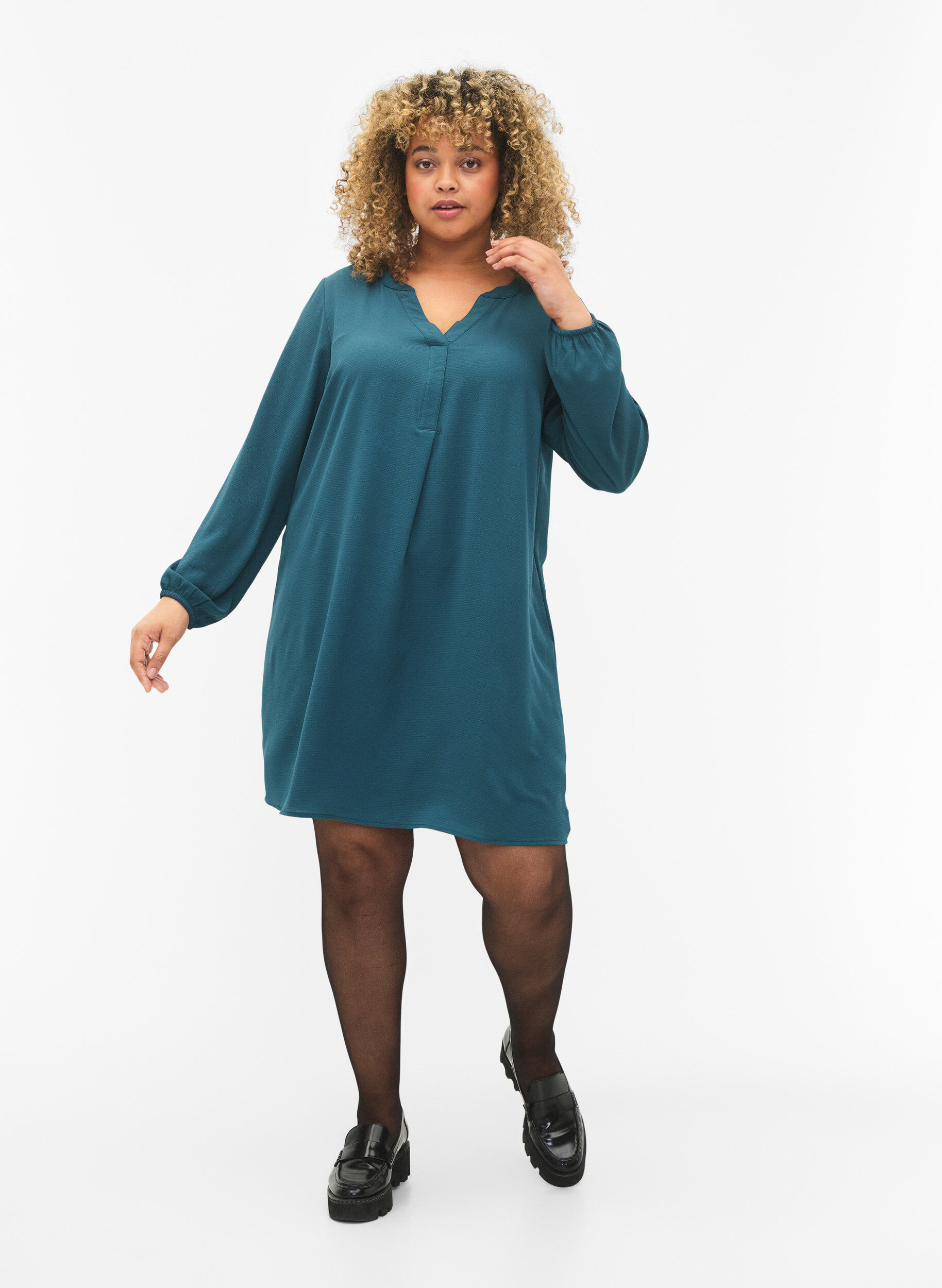Zizzifashion Long-sleeved V-neck dress, Deep Teal, Model image number 2