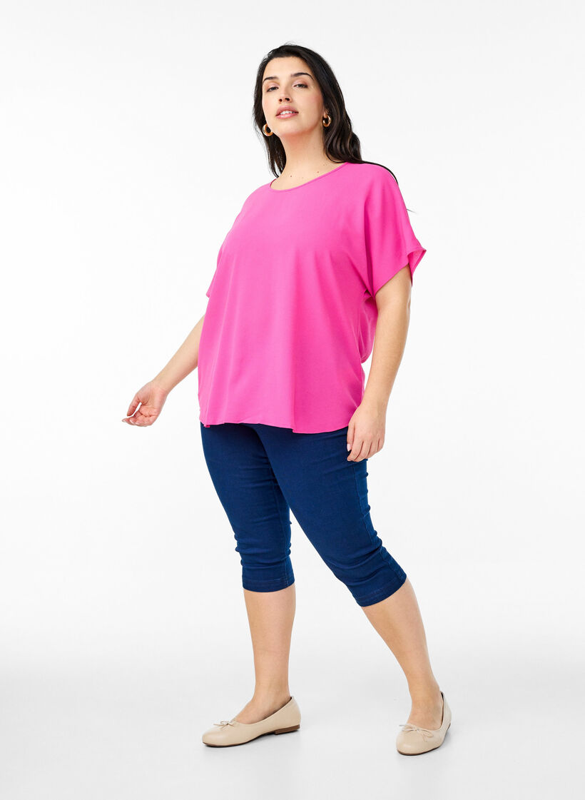 Blouse with short sleeves and a round neckline, Rose, Model image number 1