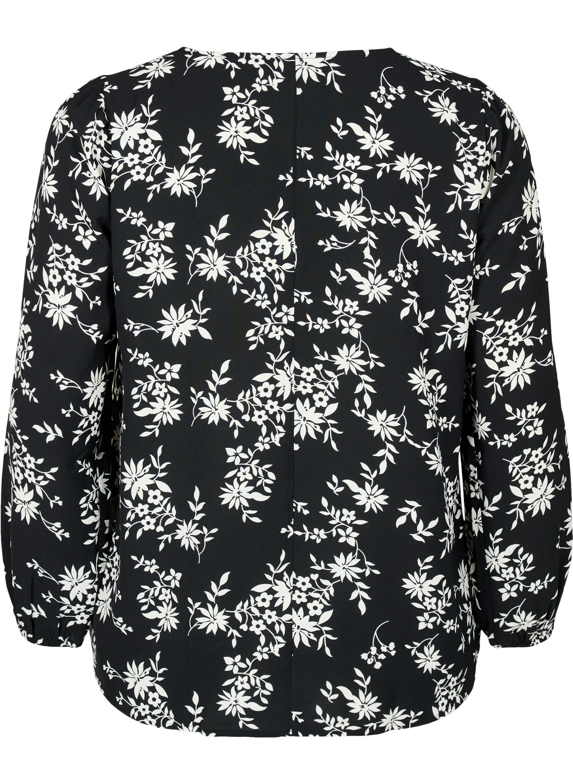 Zizzifashion Blouse with puff sleeves, Black Flower AOP, Packshot image number 1