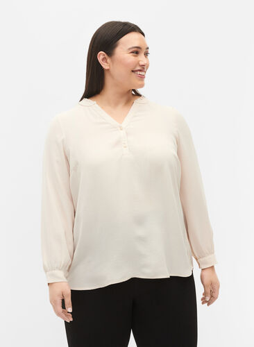 Long-sleeved blouse with v-neck, Warm Off-white, Model image number 0