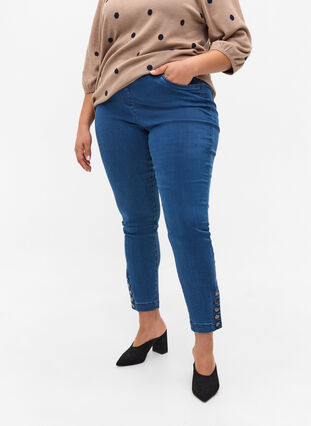 Cropped jeggings with buttons on the leg ends, Blue denim, Model image number 1