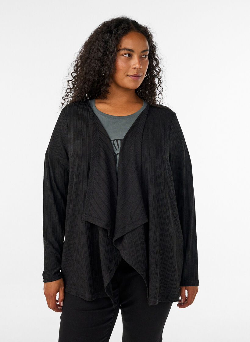 Open cardigan in textured jersey, Black, Model image number 0