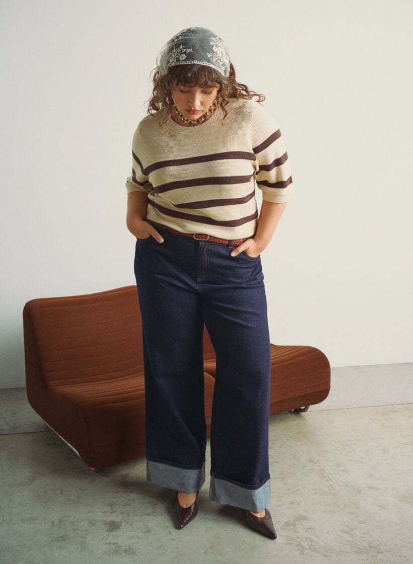 Knitted blouse with stripes and short sleeves, Vanilla, Image image number 0