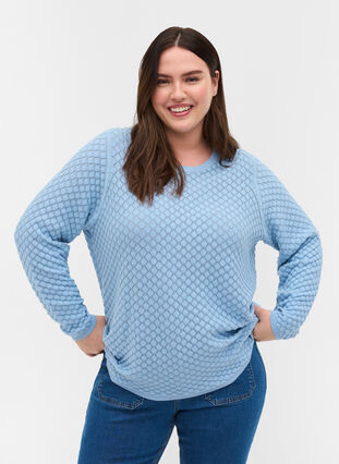 Patterned knitted blouse in organic cotton, Chambray Blue, Model image number 0