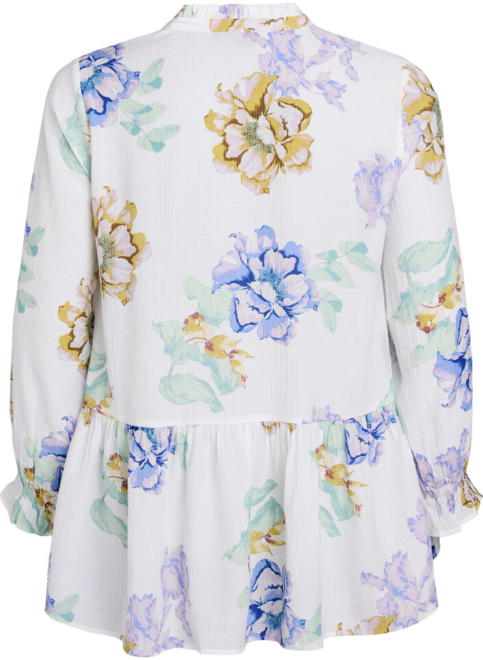 Pleated tunic with long sleeves and floral print, White, Packshot image number 1