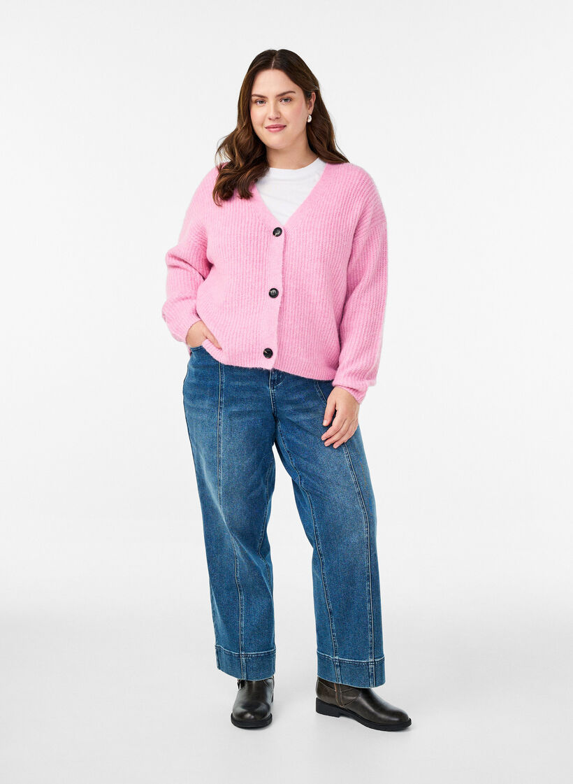 Knit cardigan with v-neck, Pink, Model image number 1