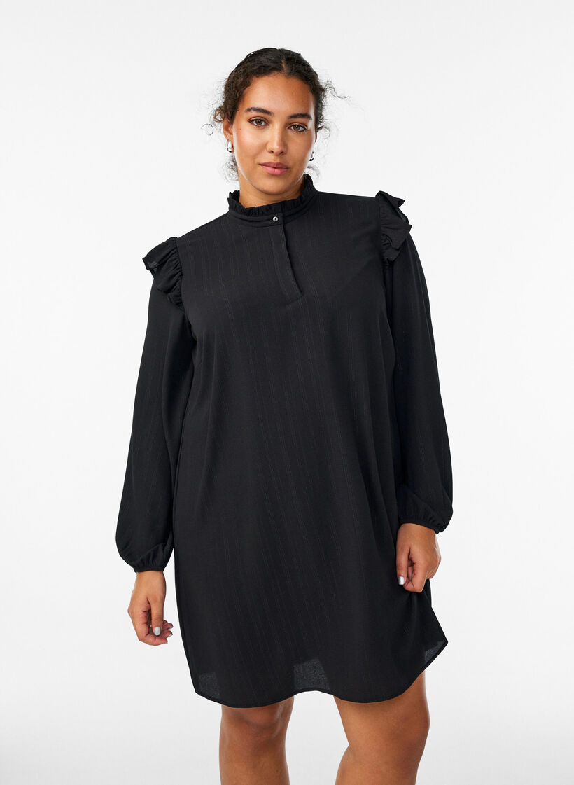 Short dress with ruffles and glitter, Black, Model image number 0