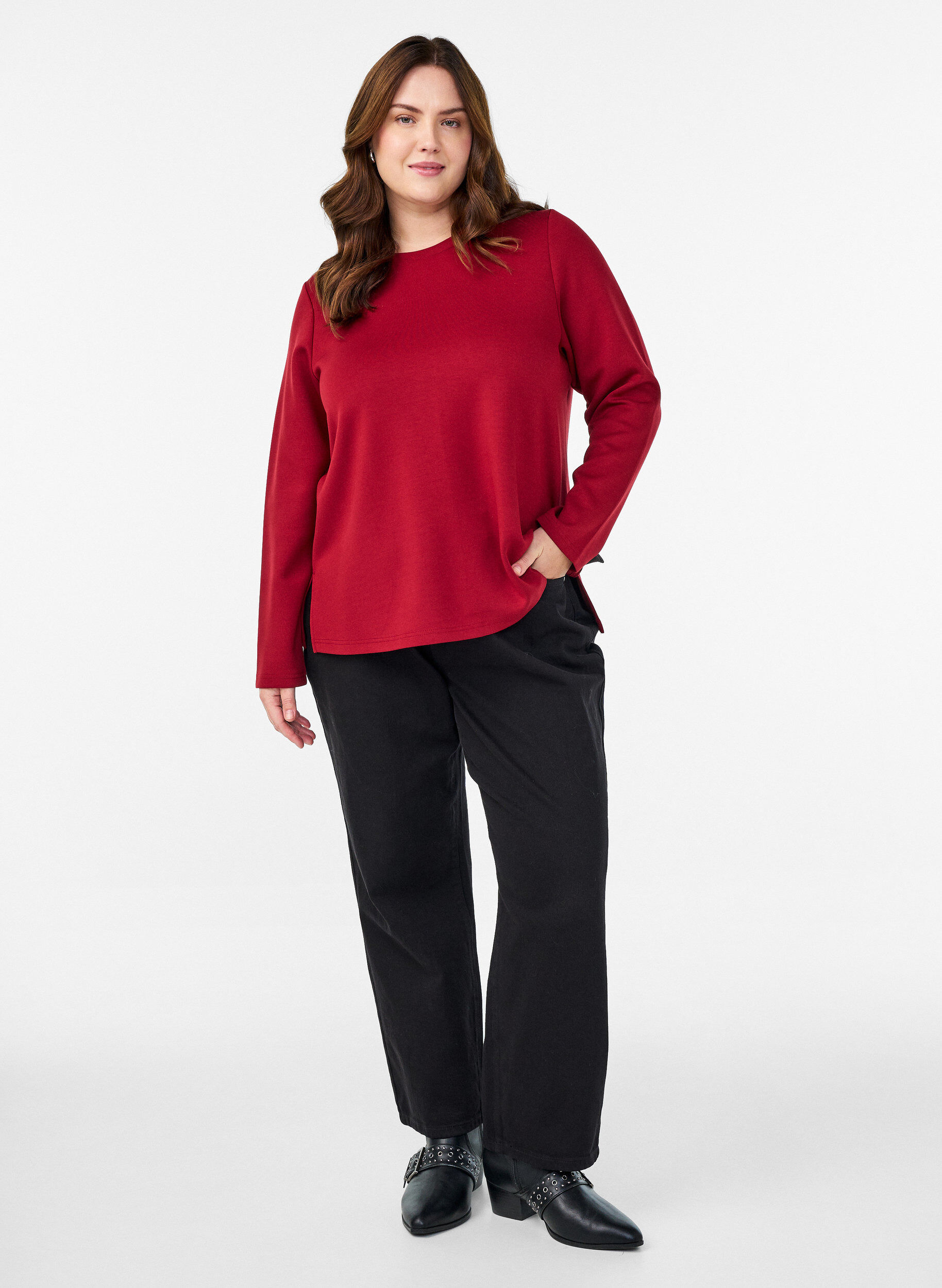 Zizzifashion Jersey blouse with round neck, Red, Model image number 1