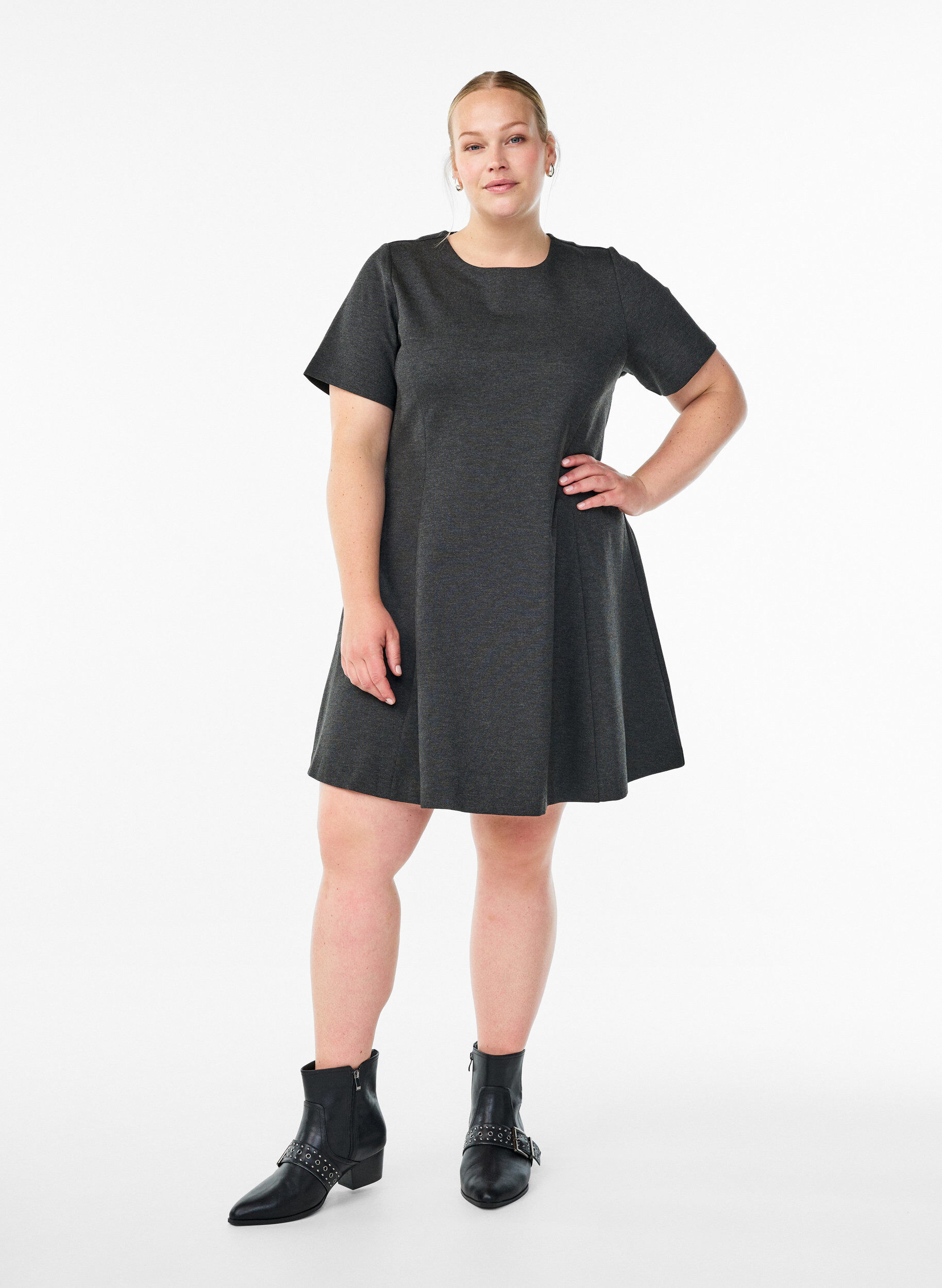 ZizzifashionShort A-line jersey dress, Dark Grey, Model image number 1
