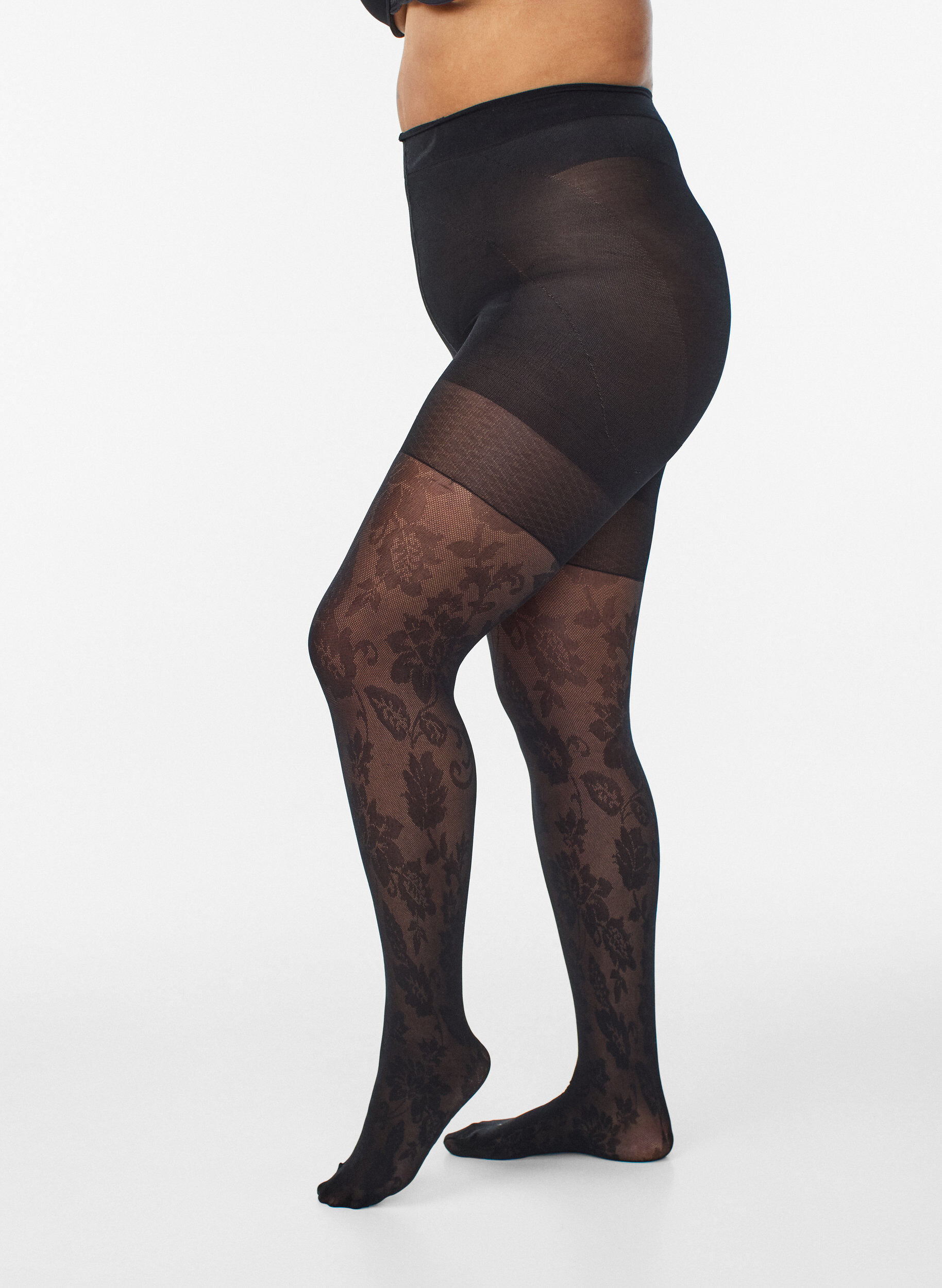 Zizzifashion Floral tights with push-up effect - 50 denier, Black, Model image number 0