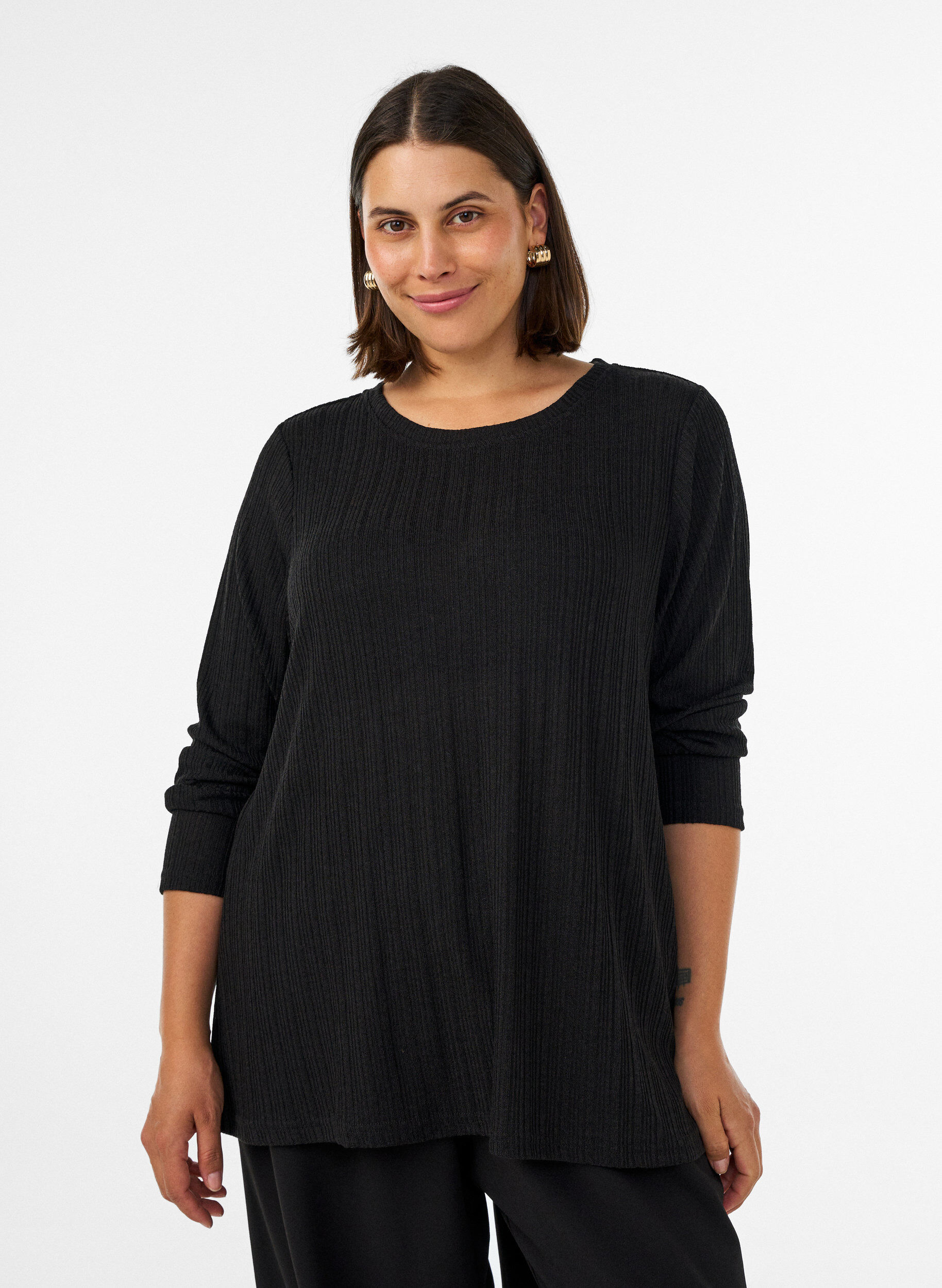 ZizzifashionJersey blouse with ribbed structure and long sleeves, Black, Model image number 0