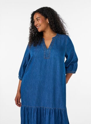 plus size maxi denim dresses Plus Size Casual Round Neck Short Sleeve With Pocket Denim Maxi Dress
