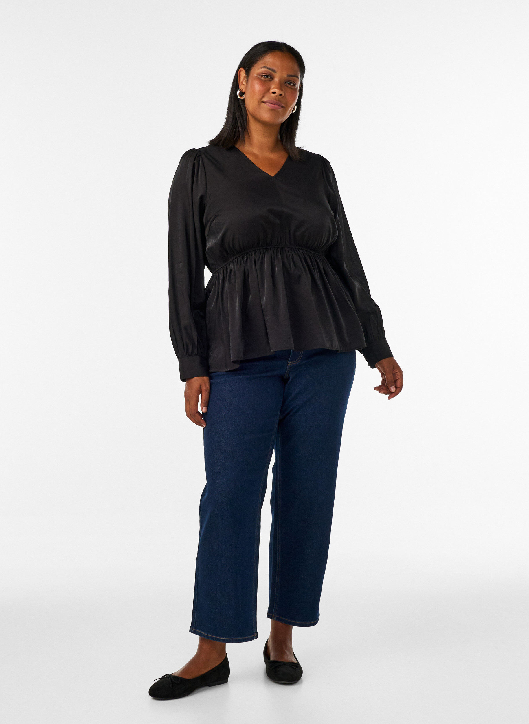 ZizzifashionShiny viscose blouse with peplum effect, Black, Model image number 1