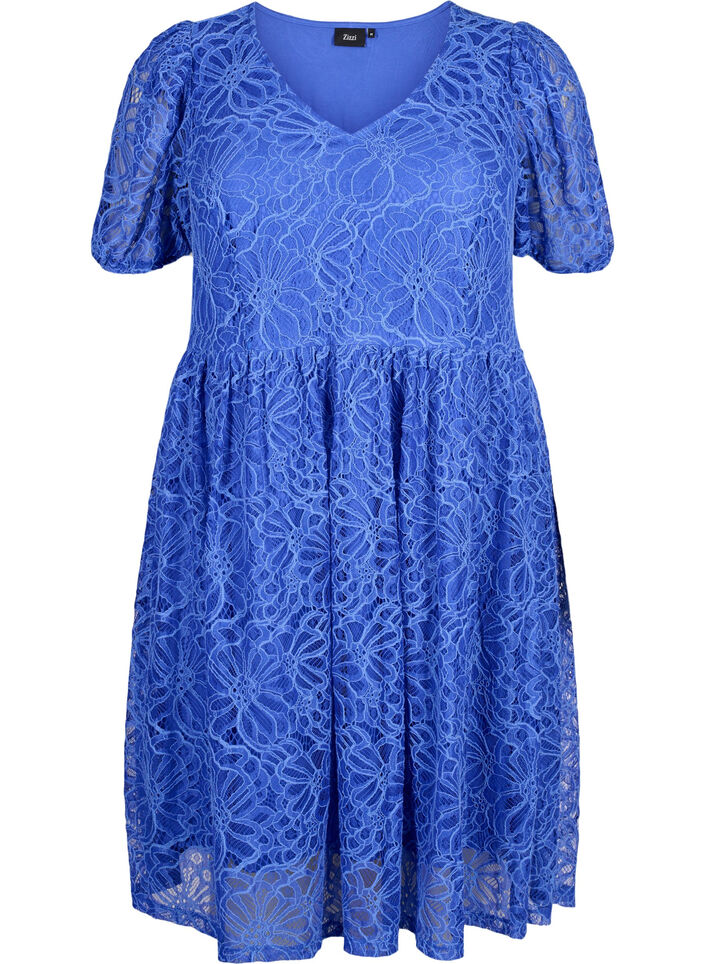 Short-sleeved lace dress with v-neck, Dazzling Blue, Packshot image number 0