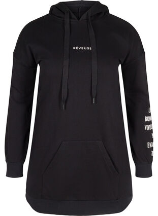 Cotton hoodie sweatshirt dress with text print, Black, Packshot image number 0