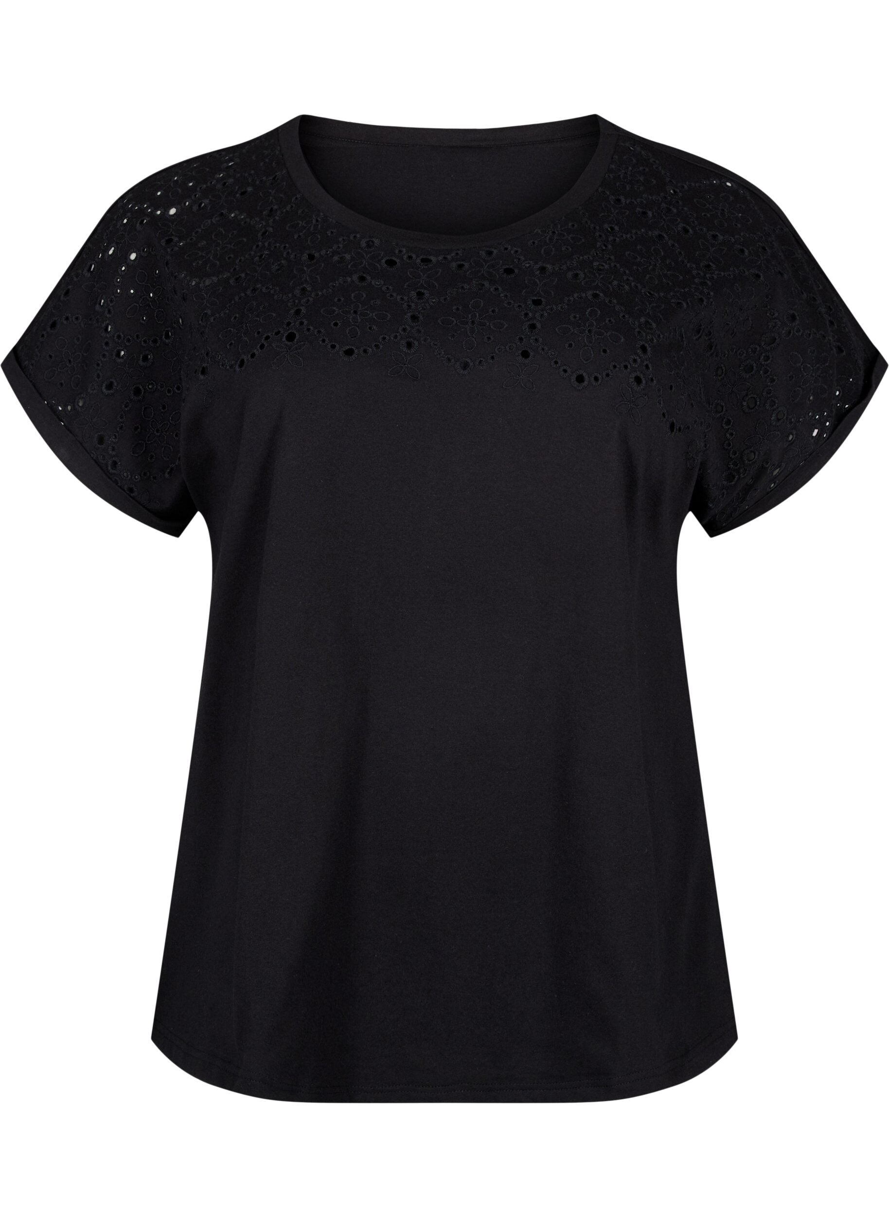 Zizzifashion Organic cotton T-shirt with broderie anglaise, Black, Packshot image number 0