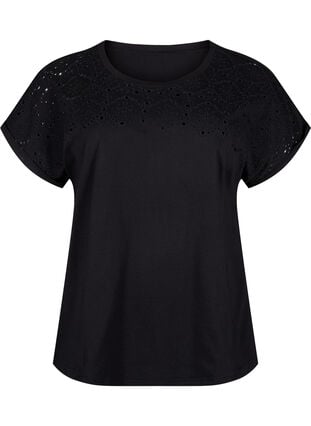 Organic cotton T-shirt with broderie anglaise, Black, Packshot image number 0