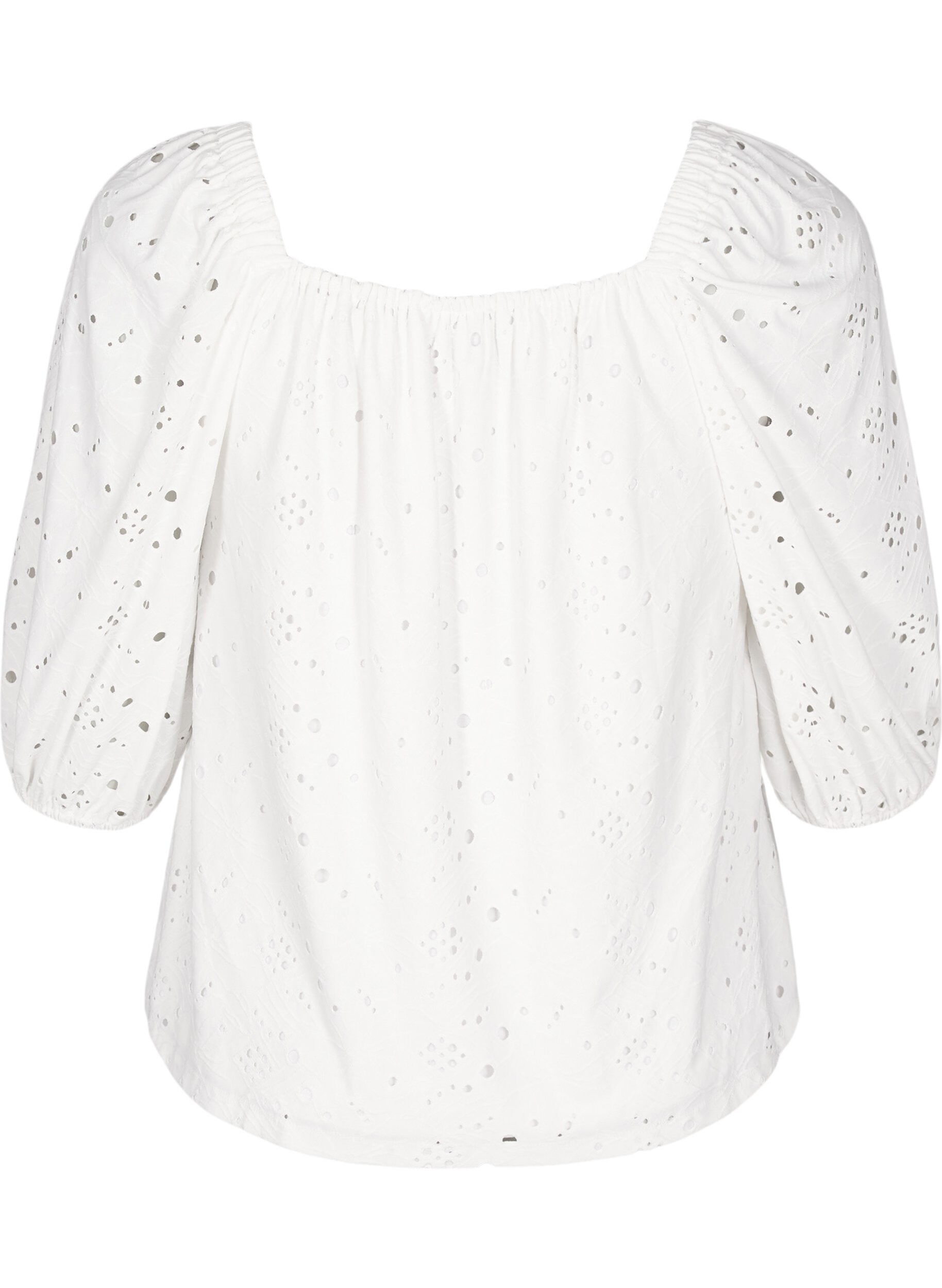 Zizzifashion Blouse with short puff sleeves and an openwork pattern, White, Packshot image number 1
