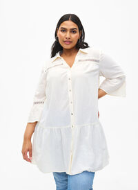 Organic cotton tunic with feminine details, Antique White, Model