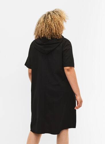 Cotton blend hooded dress with linen, Black, Model image number 1