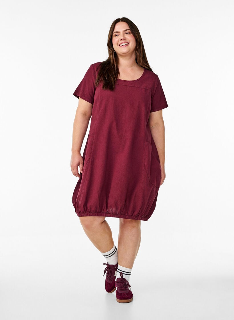 Short-sleeved cotton dress, Dark Bordeaux, Model image number 1