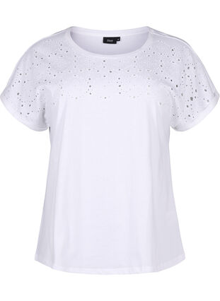 Organic cotton T-shirt with broderie anglaise, Bright White, Packshot image number 0