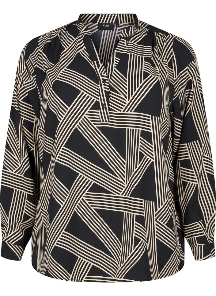 Long-sleeved shirt blouse with V-neck, BLACK BEIGE GRAPHIC, Packshot image number 0
