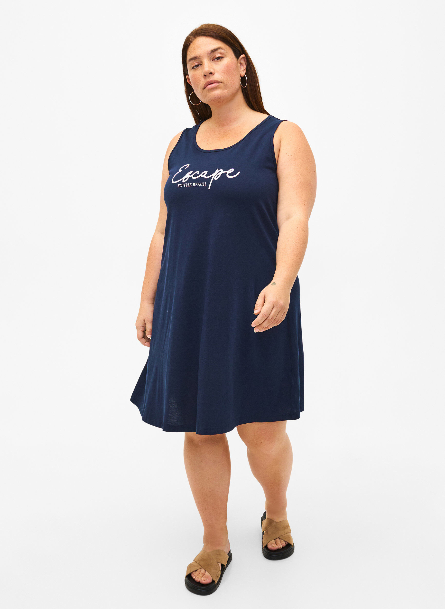 Zizzifashion Sleeveless cotton dress with a-shape, Navy B. W. Escape, Model image number 2