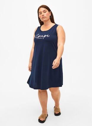 Sleeveless cotton dress with a-shape, Navy B. W. Escape, Model image number 2