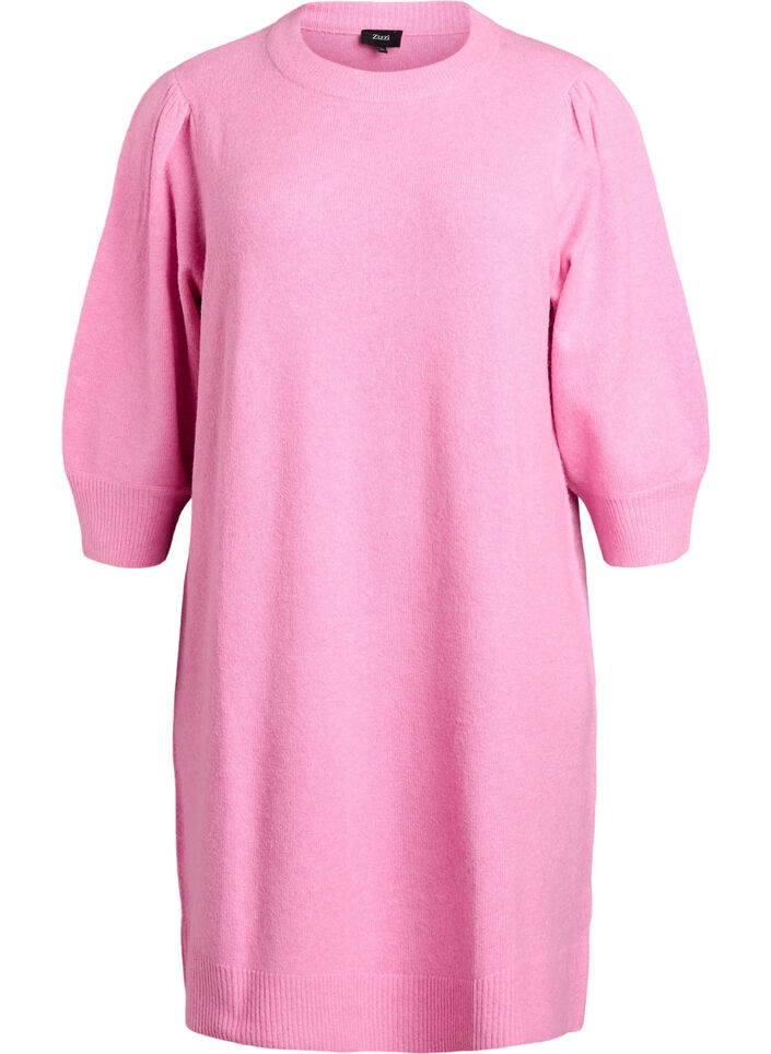 Knitted dress with 3/4 sleeves and a round neck, B. Pink White Mel., Packshot image number 0