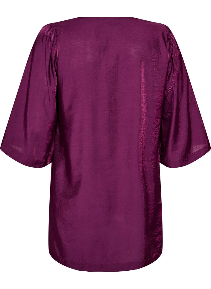 Shiny tunic with a V-neck and 3/4 sleeves, Purple, Packshot image number 1