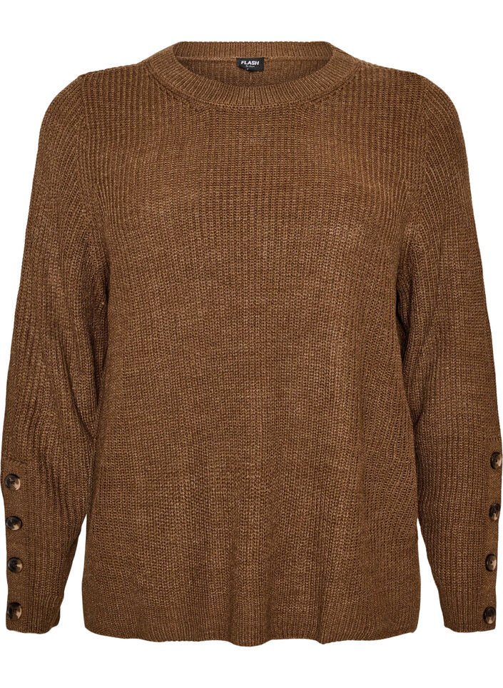 Knitted blouse with ribbed texture and button details, Brown, Packshot image number 0