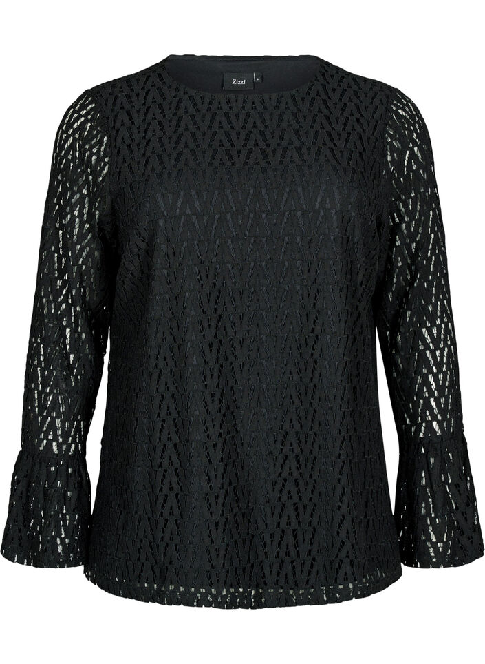 Lace blouse with ruffled sleeves, Black, Packshot image number 0