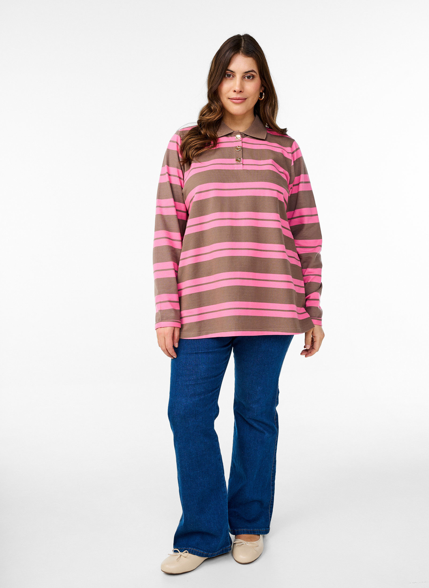 Zizzifashion Striped polo shirt with long sleeves, Pink, Model image number 1